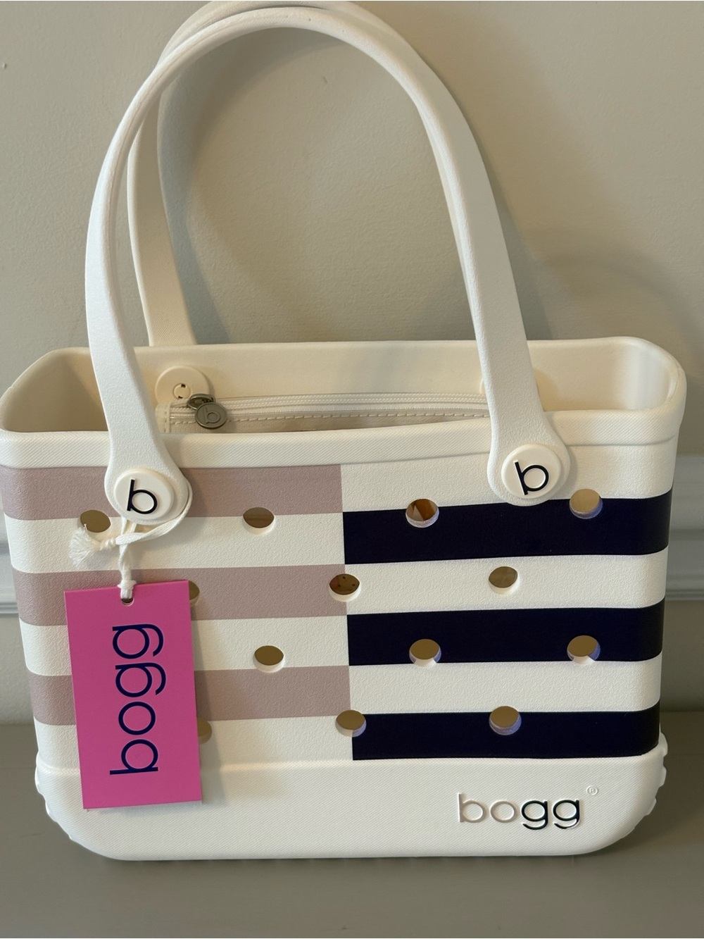BOGG BAG White Tote with Navy and Blush Stripe Accents